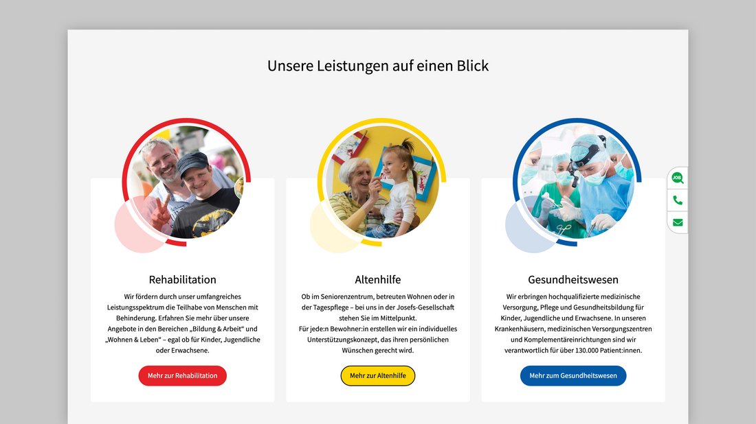 Übersicht der Leistungen der Josefs-Gesellschaft mit drei Bereichen: Rehabilitation, Altenhilfe und Gesundheitswesen, jeweils mit Bild, Kurzbeschreibung und weiterführendem Button.