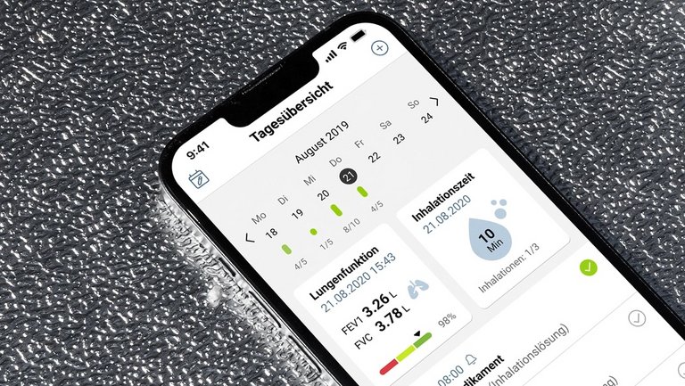 Ausschnitt eines Smartphone-Bildschirms, der die Tagesübersicht gesammelter Daten in der Mukoviszidose-App anzeigt.
