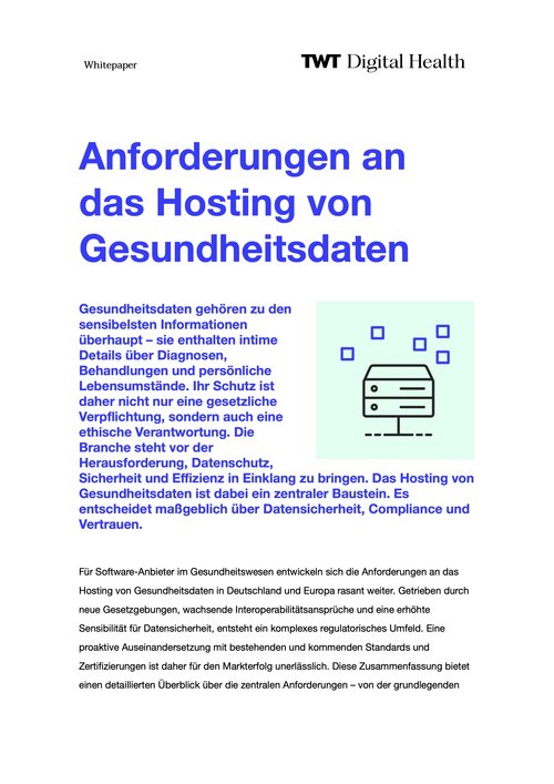 Titelseite eines Whitepapers von TWT Digital Health mit dem Titel "Anforderungen an das Hosting von Gesundheitsdaten".