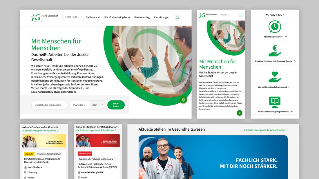 Showcase-Darstellung des Webdesigns für das Karriereportal der Josefs-Gesellschaft in verschiedenen Ansichten: Desktop-Startseite mit dem Slogan ‚Mit Menschen für Menschen‘, mobile Ansicht, eine Übersicht der Benefits mit Icons sowie Kacheln für aktuelle Stellenangebote in der Altenhilfe, Rehabilitation und im Gesundheitswesen.