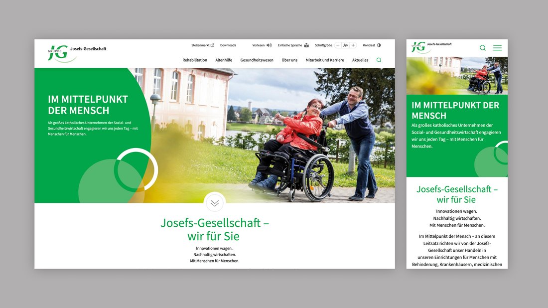 Darstellung der Website der Josefs-Gesellschaft auf Desktop und Smartphone mit großem Titelbild, Navigation und dem Leitmotiv „Im Mittelpunkt der Mensch“.