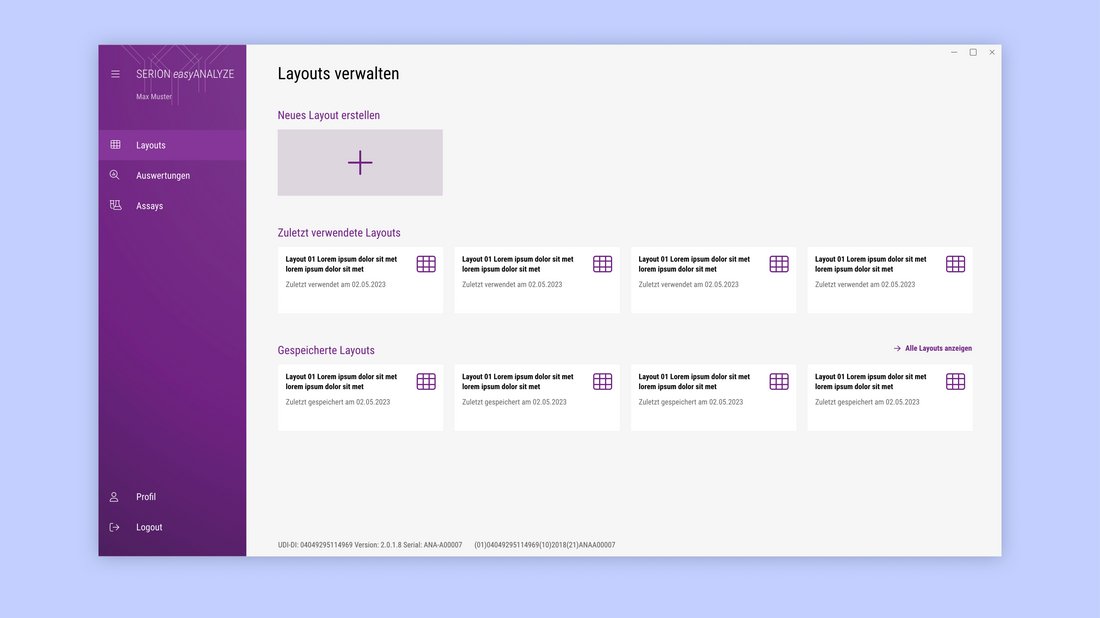 Screenshot der Benutzeroberfläche der Diagnostik-Software SERION easyANALYZE zur Layoutverwaltung für medizinische Auswertungen, mit Funktionen zum Erstellen, Speichern und Wiederverwenden von Analyse-Layouts in der Labordiagnostik.