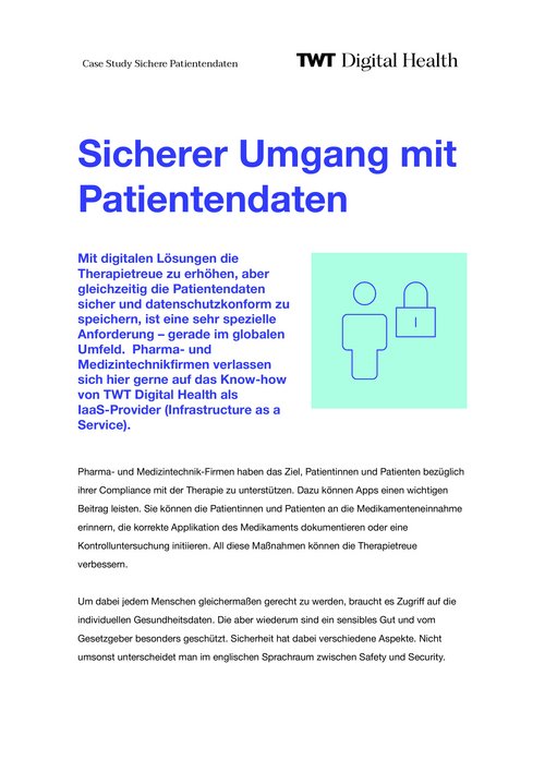 Vorschaugrafik der TWT Digital Health Case Study "Sichere Patientendaten". Titelbild mit Fokus auf den sicheren und datenschutzkonformen Umgang mit Patientendaten, Cloud-Lösungen und Managed Services für Pharma- und Medizintechnik-Unternehmen.