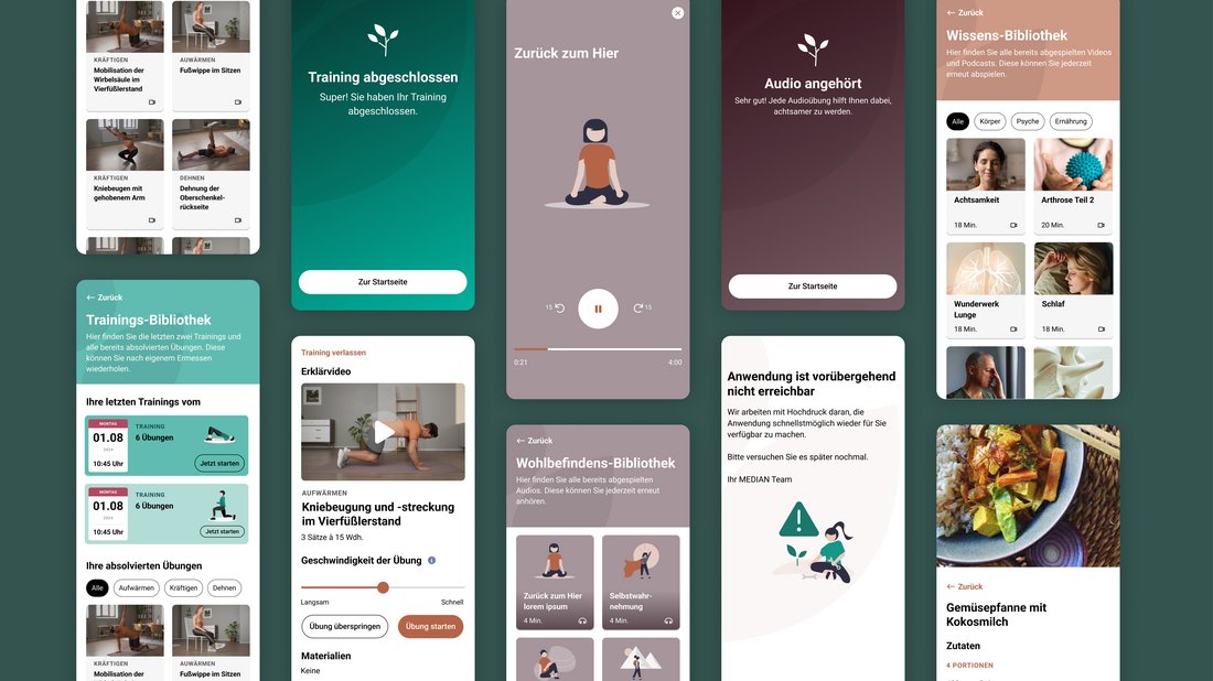 Verschiedene Bildschirmansichten der App MyMEDIAN@Home, so beispielsweise Trainingsanleitungen, Audioangebote, Wissensbibliothek sowie Rezeptansicht.