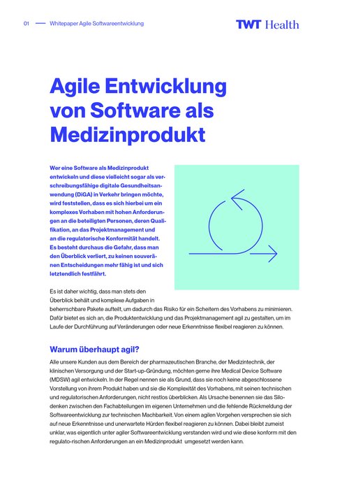 Vorschaubild für die erste Seite des Whitepapers "Agile Entwicklung von Software als Medizinprodukt"