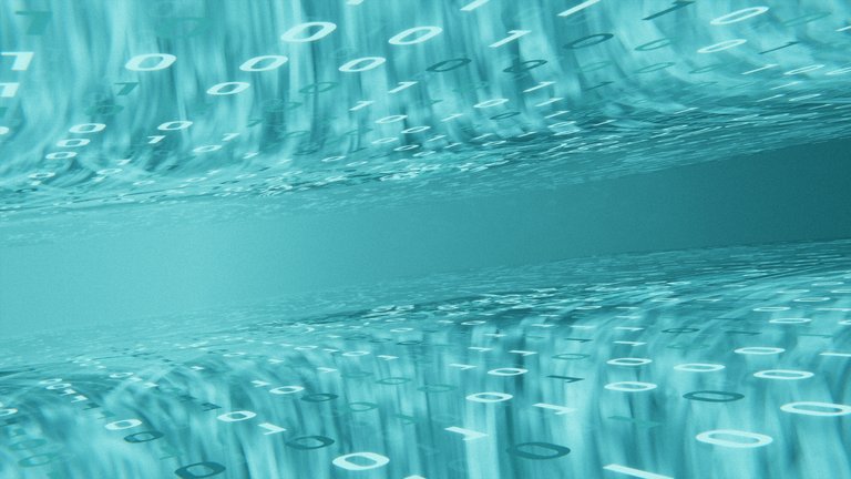 Abstrakte türkisfarbene Digitalgrafik mit binären Codes in einer fließenden Tunnel-Perspektive.